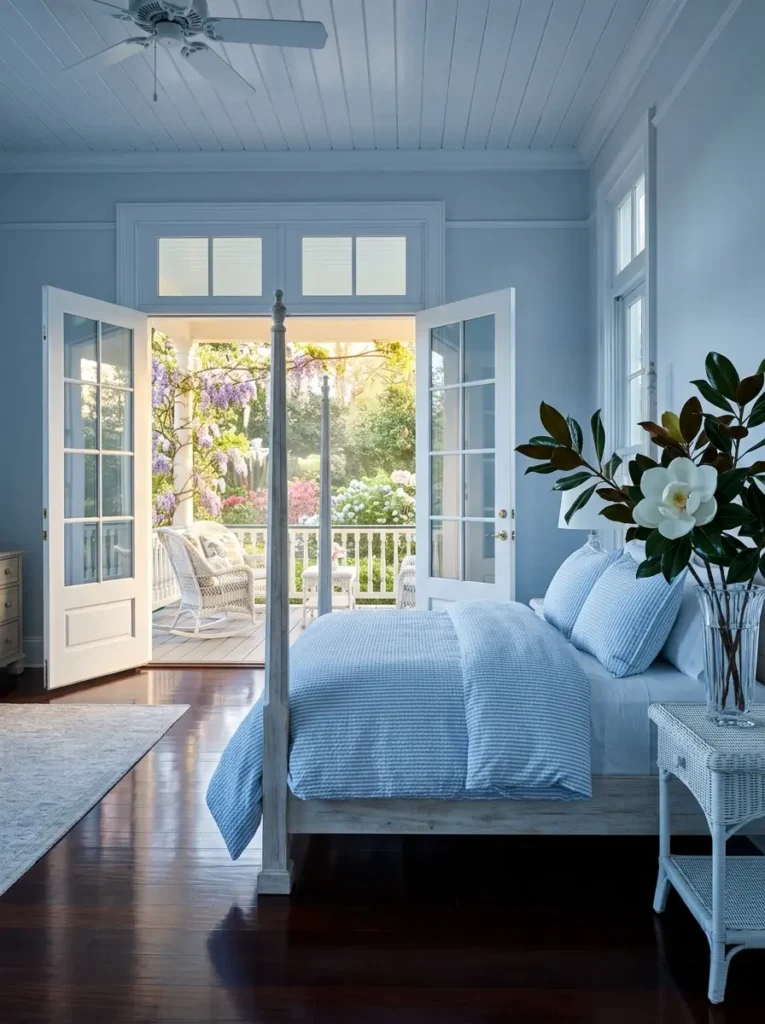 Tall white wooden bed frame in a pale blue room with double doors opening to a covered outdoor porch with white wicker furniture