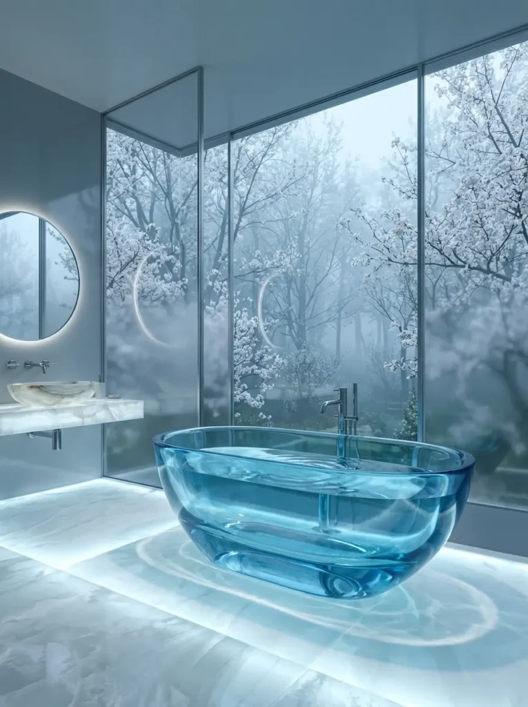 A translucent blue resin bathtub in a glass room looking out at misty cherry blossoms.