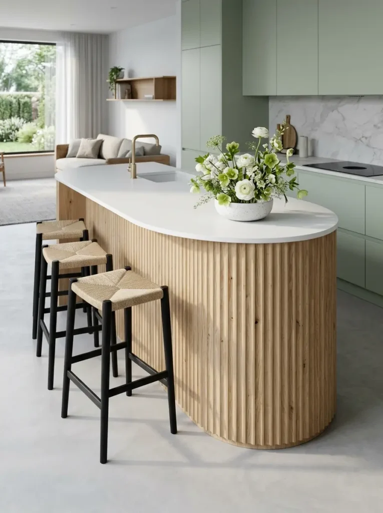 Curved kitchen island with fluted wood base and black woven seat stools.