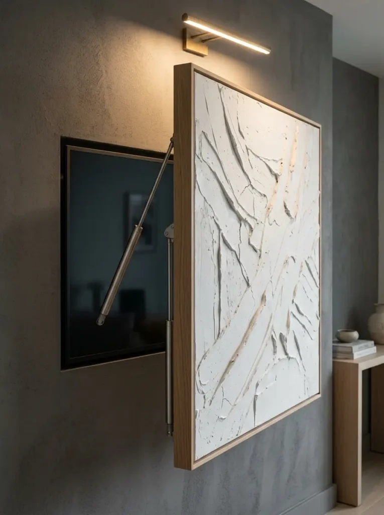 Thick plaster painting swings open on hydraulic arms to reveal a television