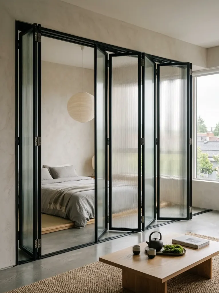 Black framed accordion doors with ribbed glass partially open to reveal a low platform bed.
