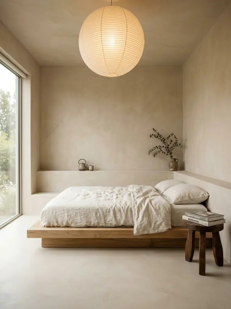 Low Timber Platform Bed Low solid wood platform bed with linen sheets in a minimalist beige room.
