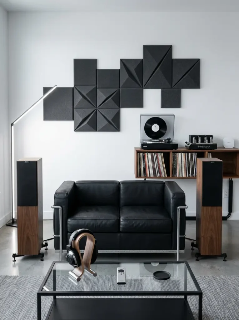 Black leather couch positioned between two tall wooden speakers near vinyl record console in modern minimalist apartment