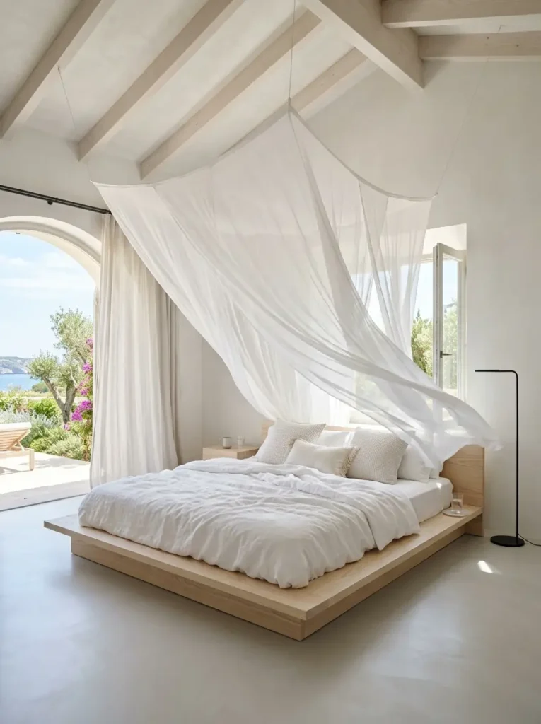 Minimalist bed canopy made of light white fabric.