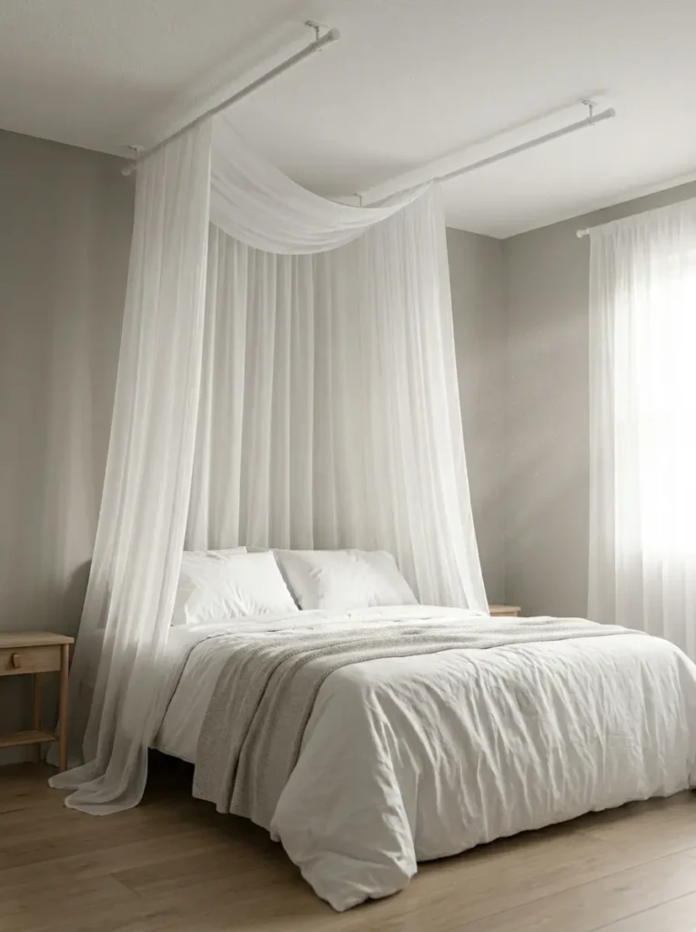 Sheer white voile fabric draped from a ceiling rod over a bed for a romantic canopy
