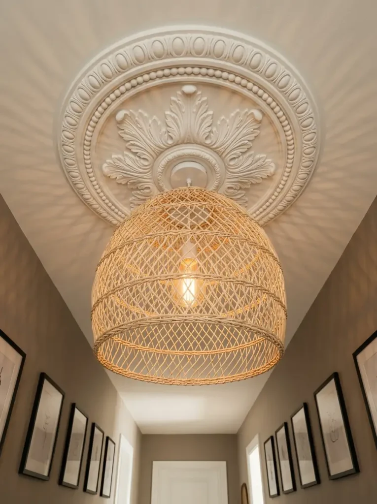 Woven Rattan Pendant Light Fixture Natural woven rattan pendant light fixture hanging below a white plaster ceiling medallion in a hallway.