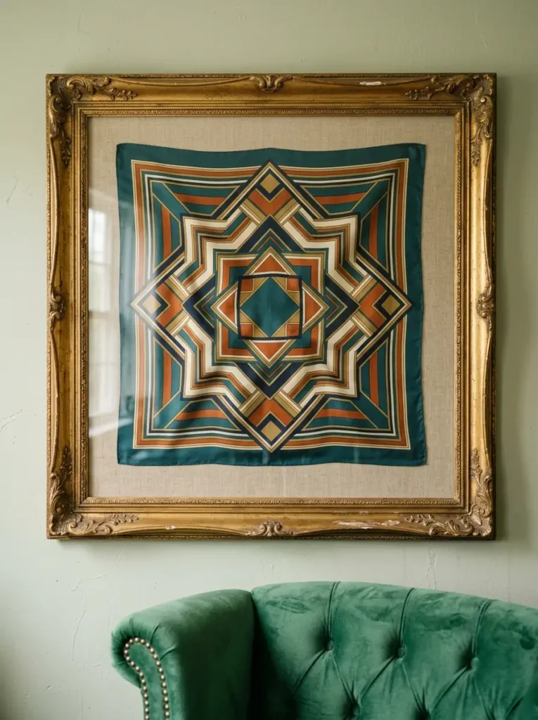 Framed Vintage Silk Scarf | StylishGalore Vintage geometric silk scarf in teal and orange framed in an ornate gold frame on a wall