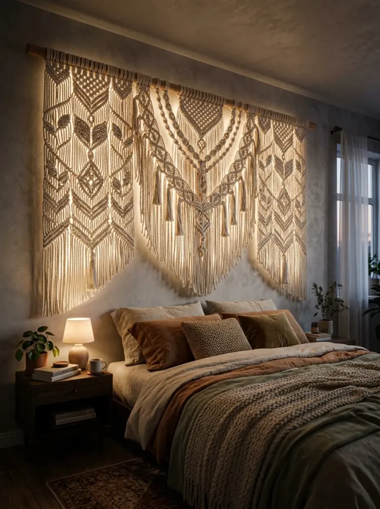 Backlit Macrame Wall Tapestry Intricate macrame wall hanging illuminated from behind hanging over a cozy bed setup.