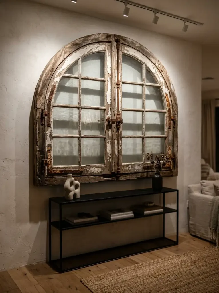 Repurposed Arched Architectural Salvage Window Massive weathered arched wooden window frame with peeling paint mounted above a sleek black metal console table