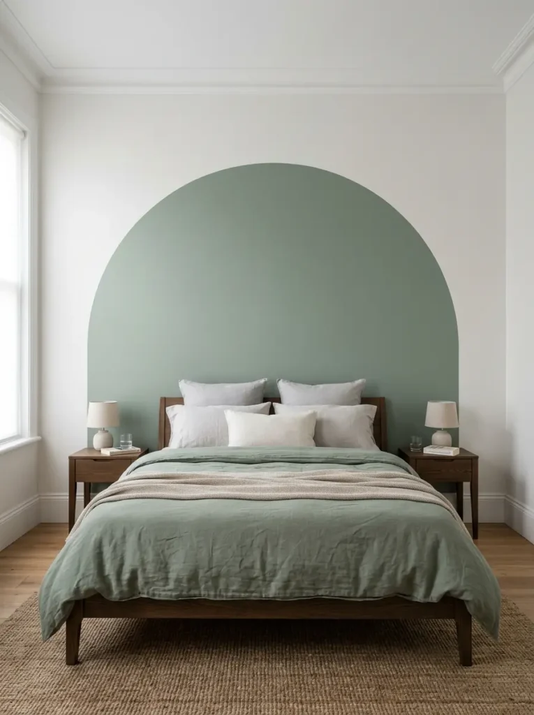 Large dusty sage green painted arch on a white wall serving as a visual headboard for a bed.