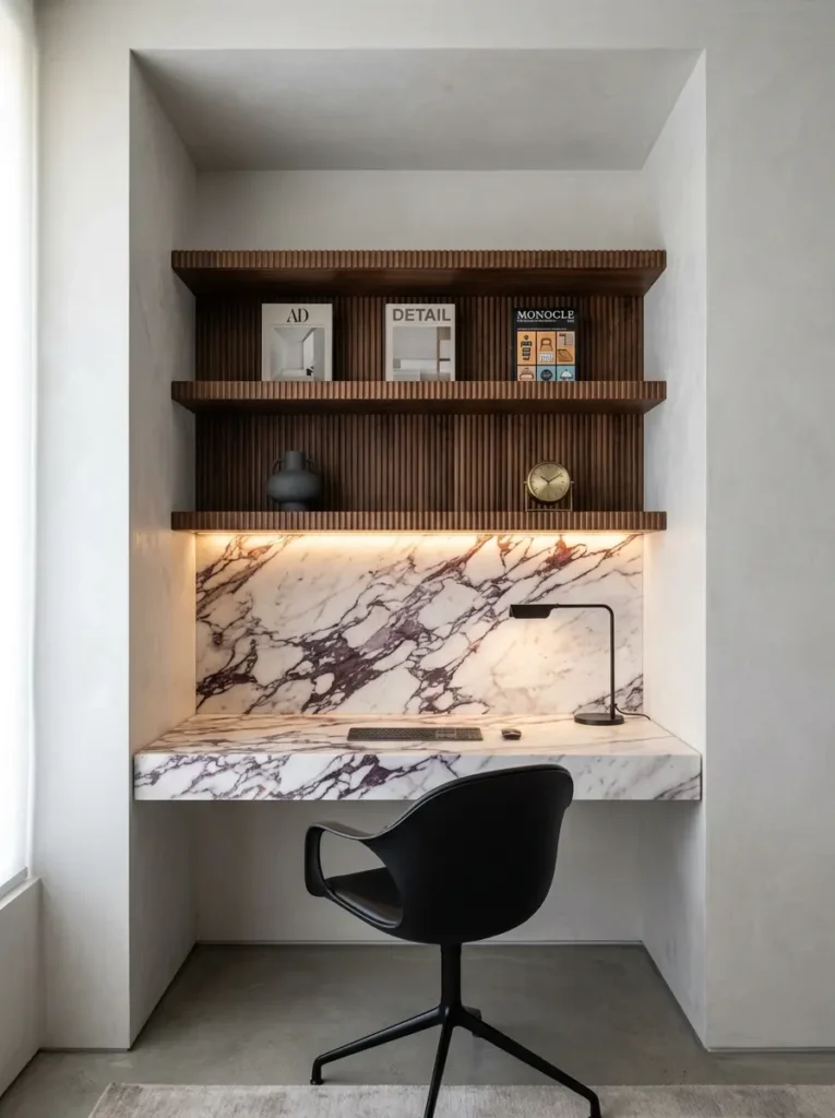 Purple veined marble floating desk built into a white wall recess