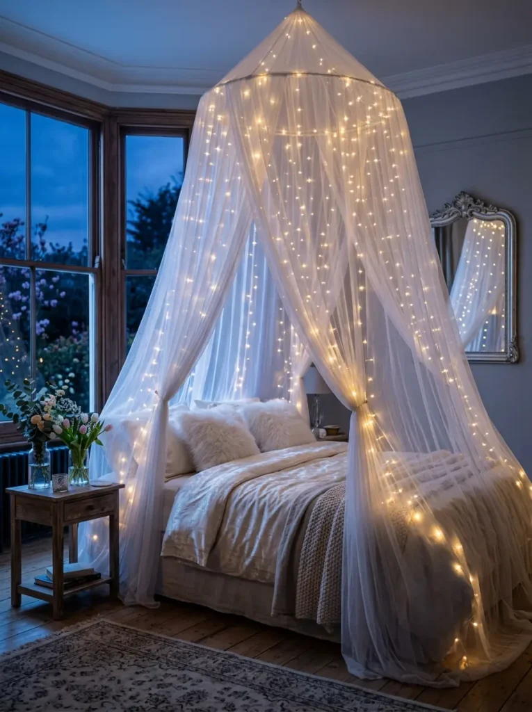 Cozy bed draped in sheer white netting illuminated by hundreds of tiny warm fairy lights against a dark evening windowpane
