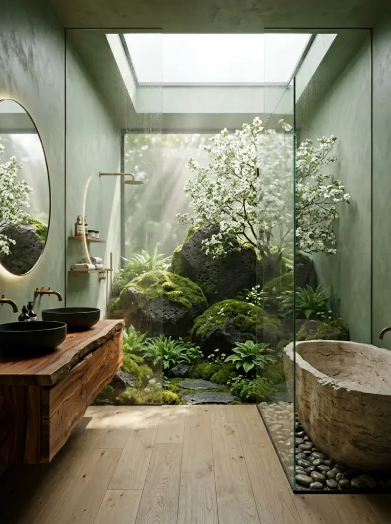 Large mossy boulders and a blooming white tree inside a glass shower enclosure.
