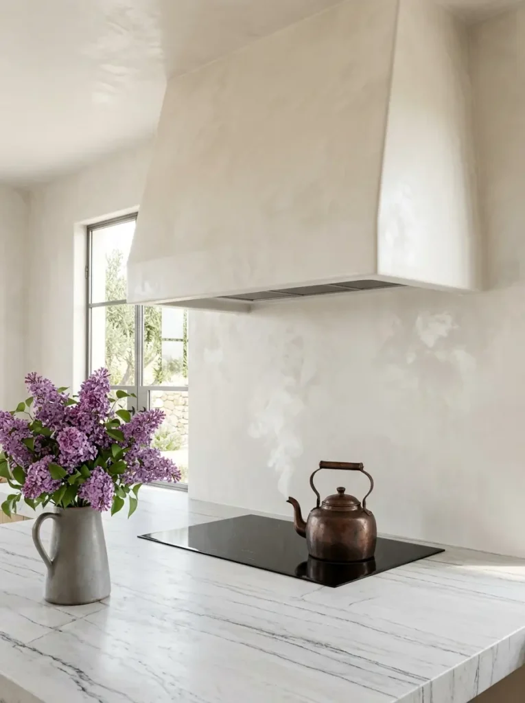Minimalist white plaster range hood above an induction stove with lilacs.