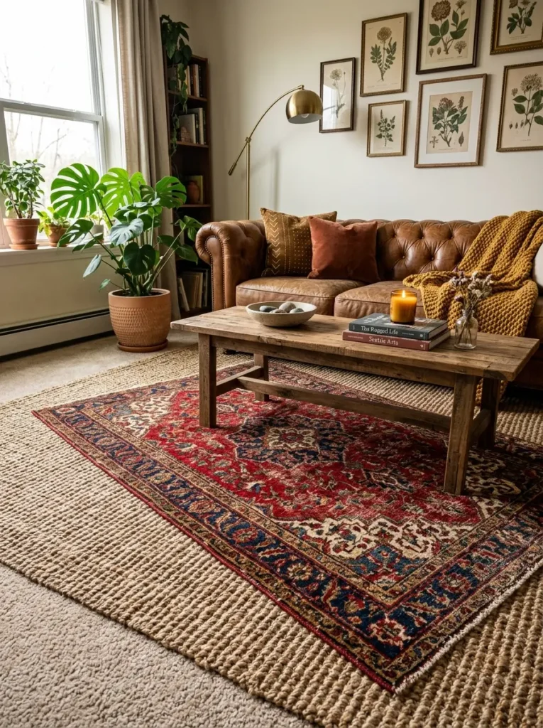 Small vintage red rug angled over a large textured jute rug in a living room