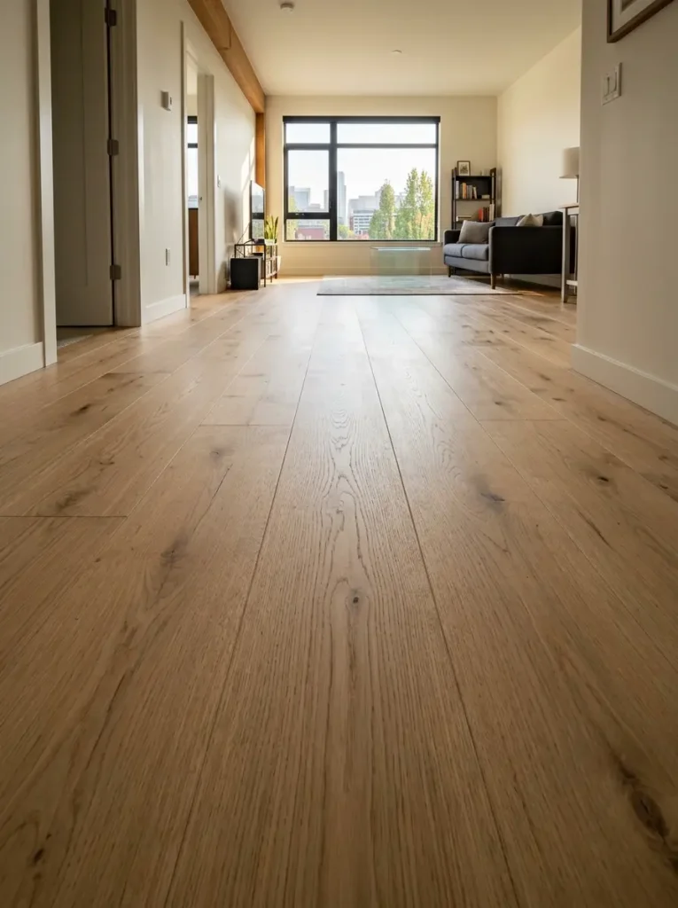 Light oak wide plank wood floors run continuously through an apartment