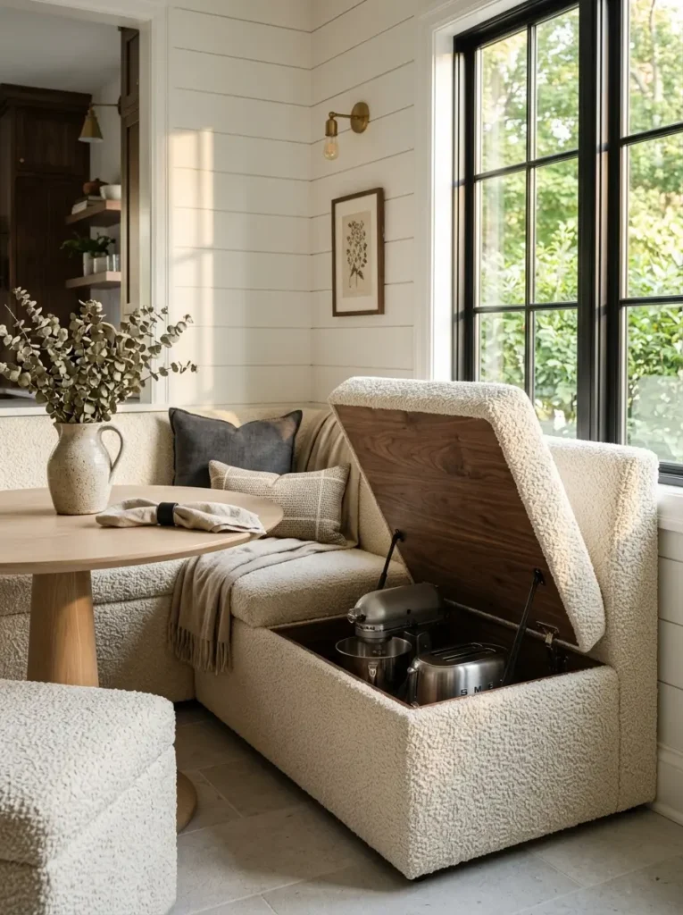 Textured cream corner dining bench with the seat lifted to reveal a stand mixer and toaster inside.