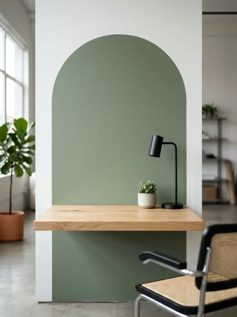 Painted Arch Workspace Wall mounted oak desk inside a painted sage green arch on a white wall.