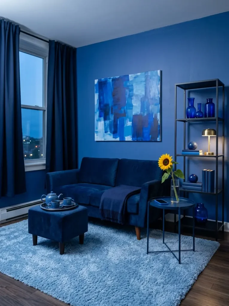 Navy blue velvet couch and open metal shelving against deep blue walls with single yellow sunflower on table