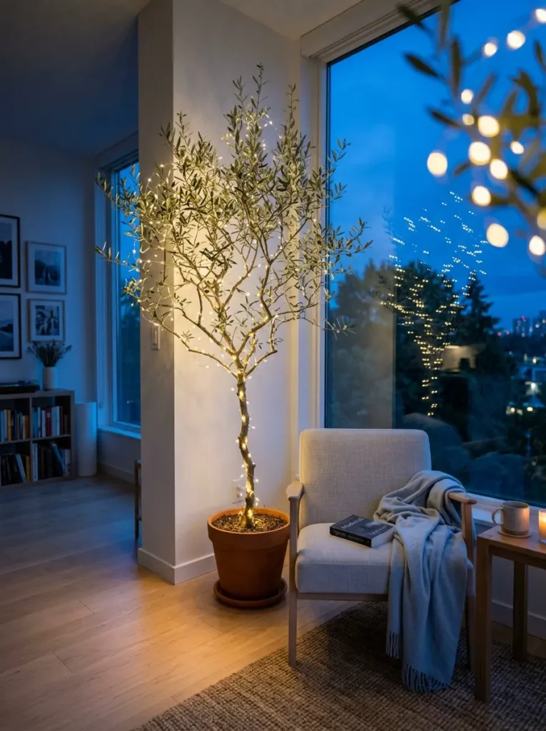 Potted olive tree decorated with warm fairy lights at night.
