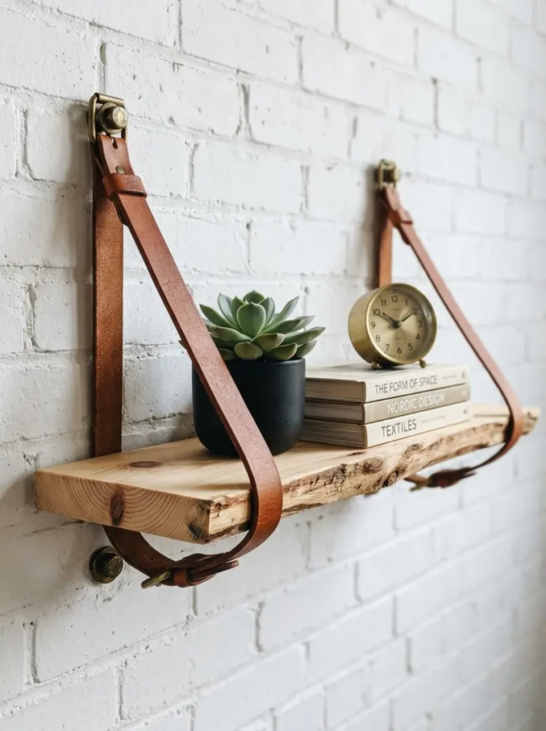 Floating wooden plank shelf held up by vintage brown leather belts against a white brick wall