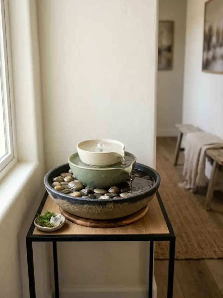 Tiered Ceramic Bowl Water Fountain Three tiered ceramic bowls forming a small indoor water fountain filled with smooth river stones.