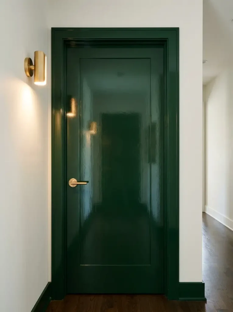 High Gloss Painted Door | StylishGalore Flat panel interior hallway door and surrounding trim painted in high gloss forest green