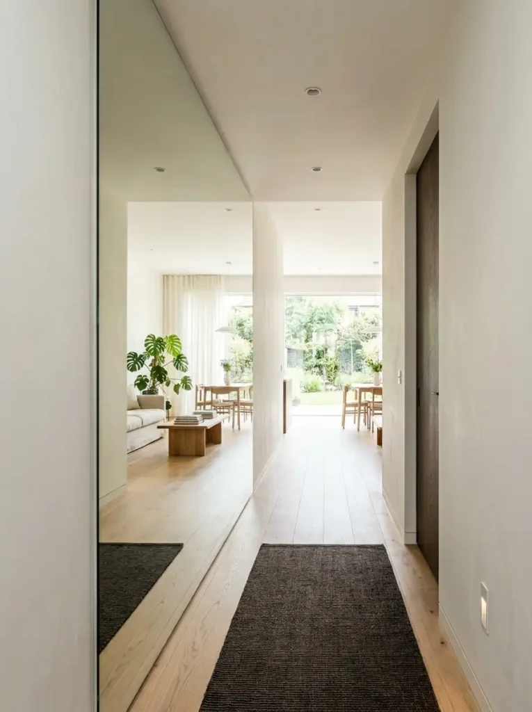 Floor To Ceiling Hallway Mirror Continuous mirror covering an entire hallway wall reflecting a bright modern living room.