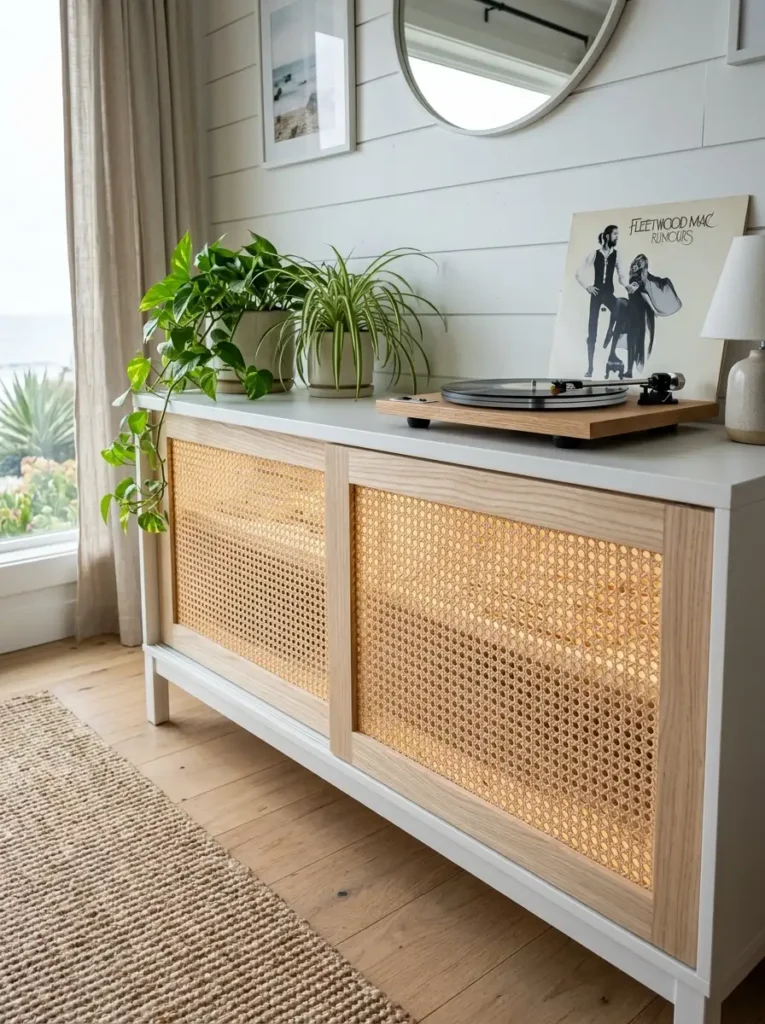 Woven Cane Webbing Media Console White living room media console featuring sliding doors made from natural woven cane webbing holding a record player