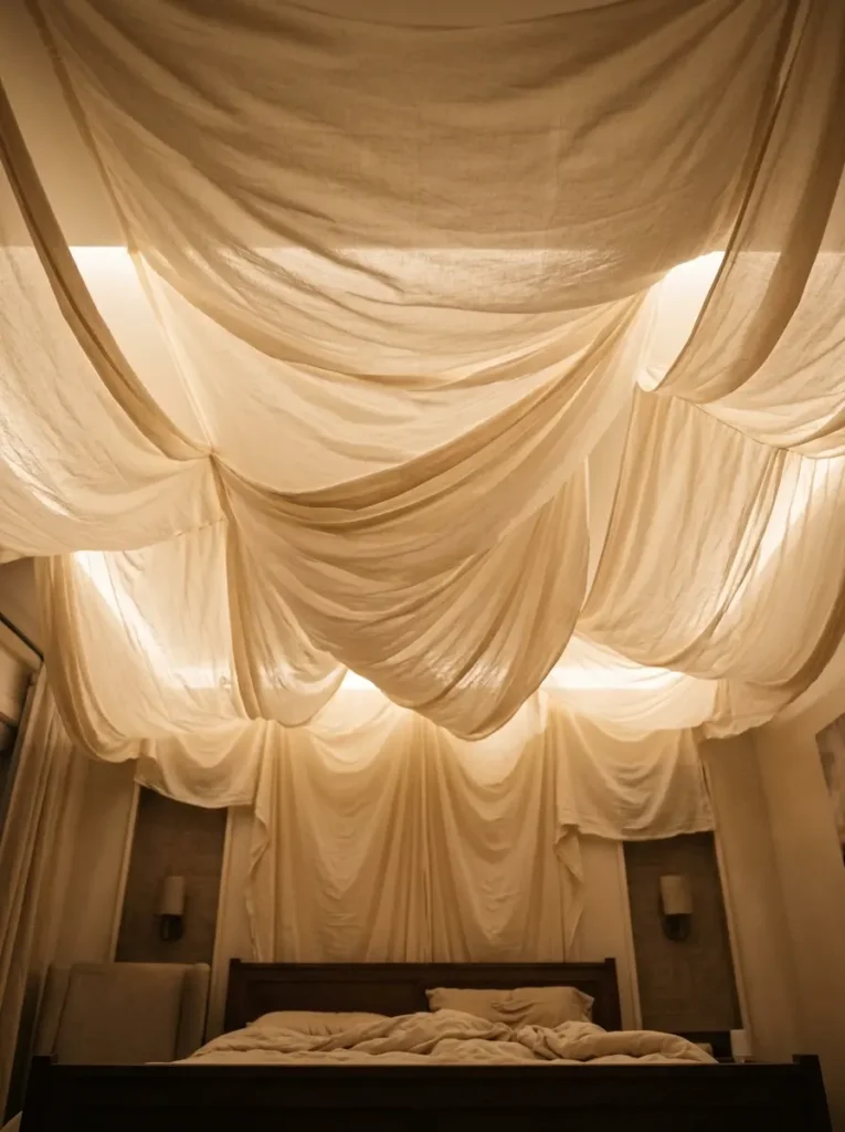 Swaths of unbleached muslin fabric draped loosely across a bedroom ceiling illuminated by hidden lights.