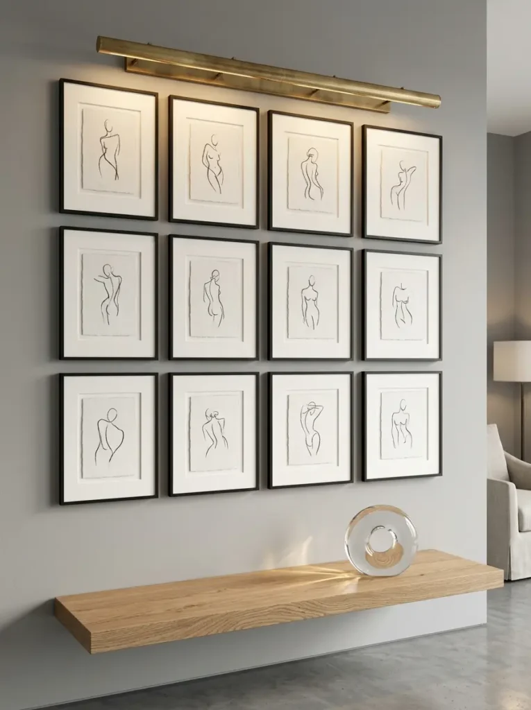 Symmetrical grid of black framed minimalist sketches hanging above a wooden shelf