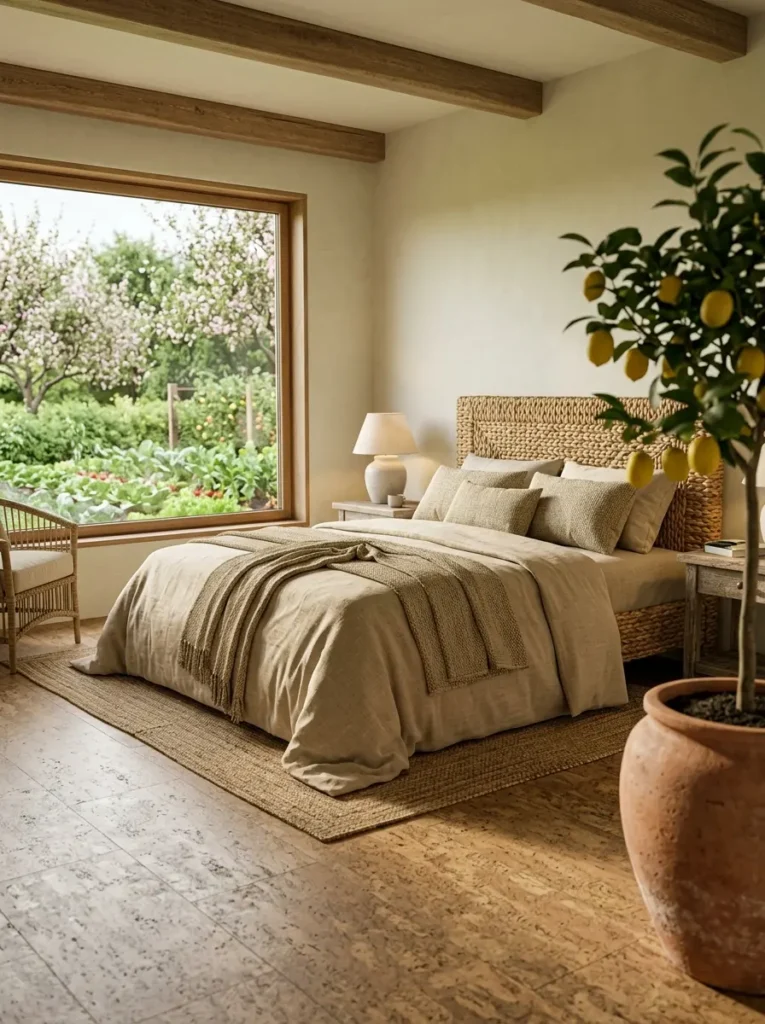 Sturdy headboard wrapped in thick braided natural textures with beige sheets and a potted lemon tree near a large window