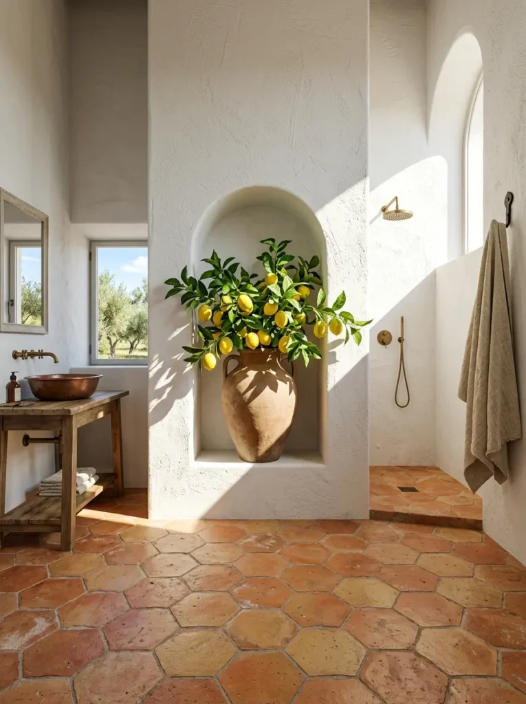 Hexagonal terracotta floor tiles and a large clay pot of lemon branches in an alcove.