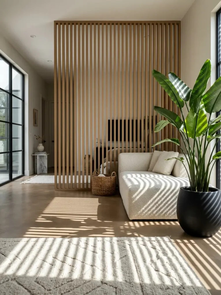 Light oak wood slat partition separating an entryway from a white sofa.