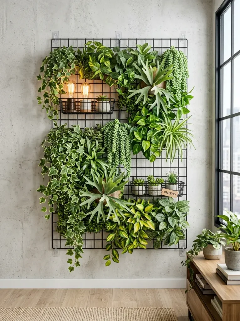 Black metal wall grid filled with various artificial plants and vintage light bulbs