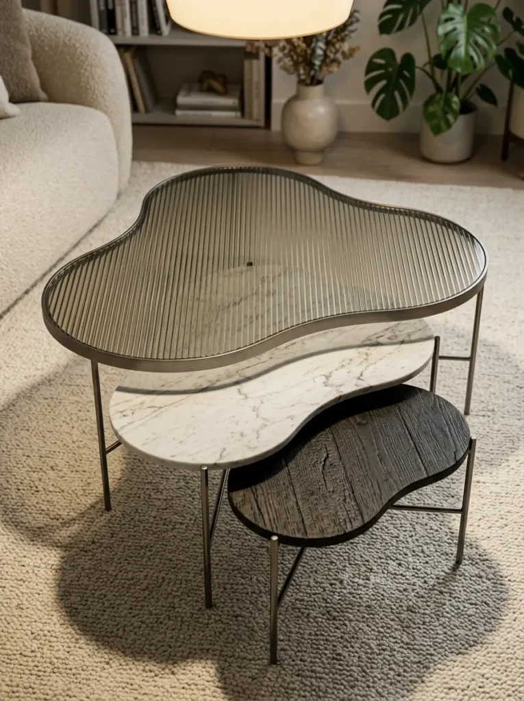 Three nesting coffee tables made of glass marble and dark wood overlap