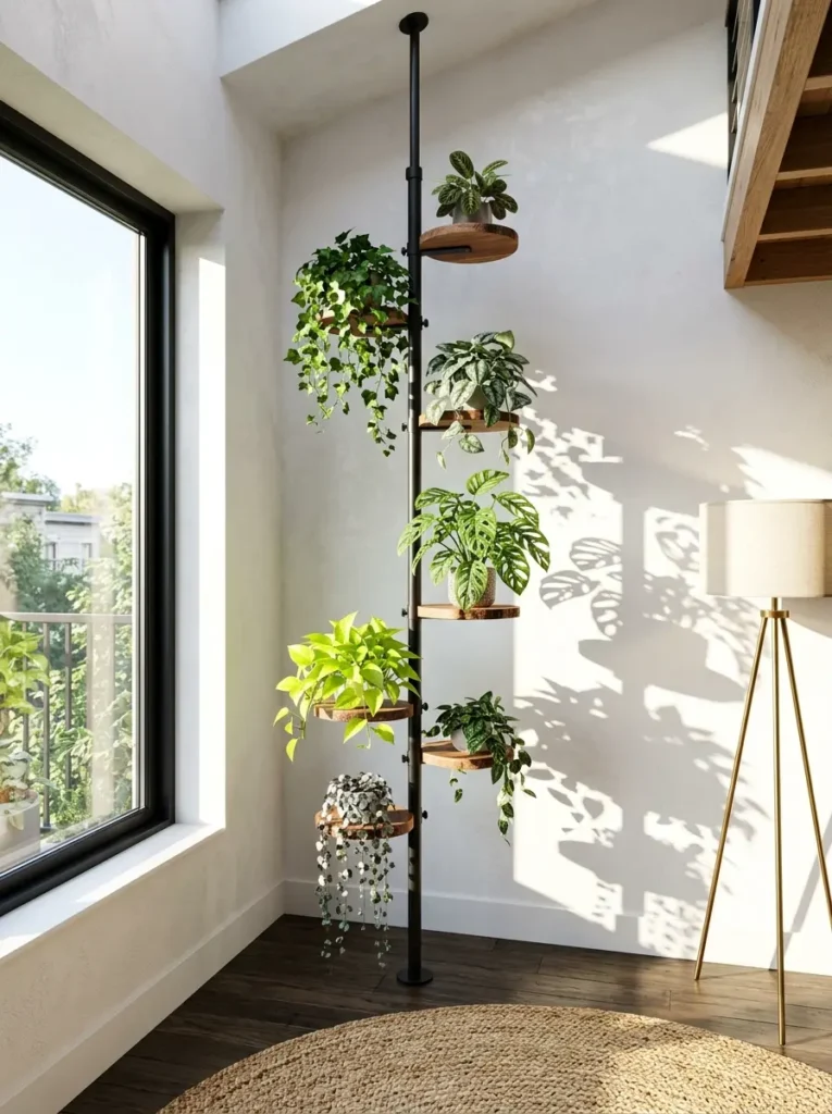 Single black metal pole reaching the ceiling holding multiple round wooden trays with green plants.