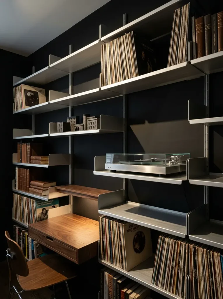 Modular Metal Wall Shelving Silver metal wall shelving system holding records and a turntable against a dark wall.