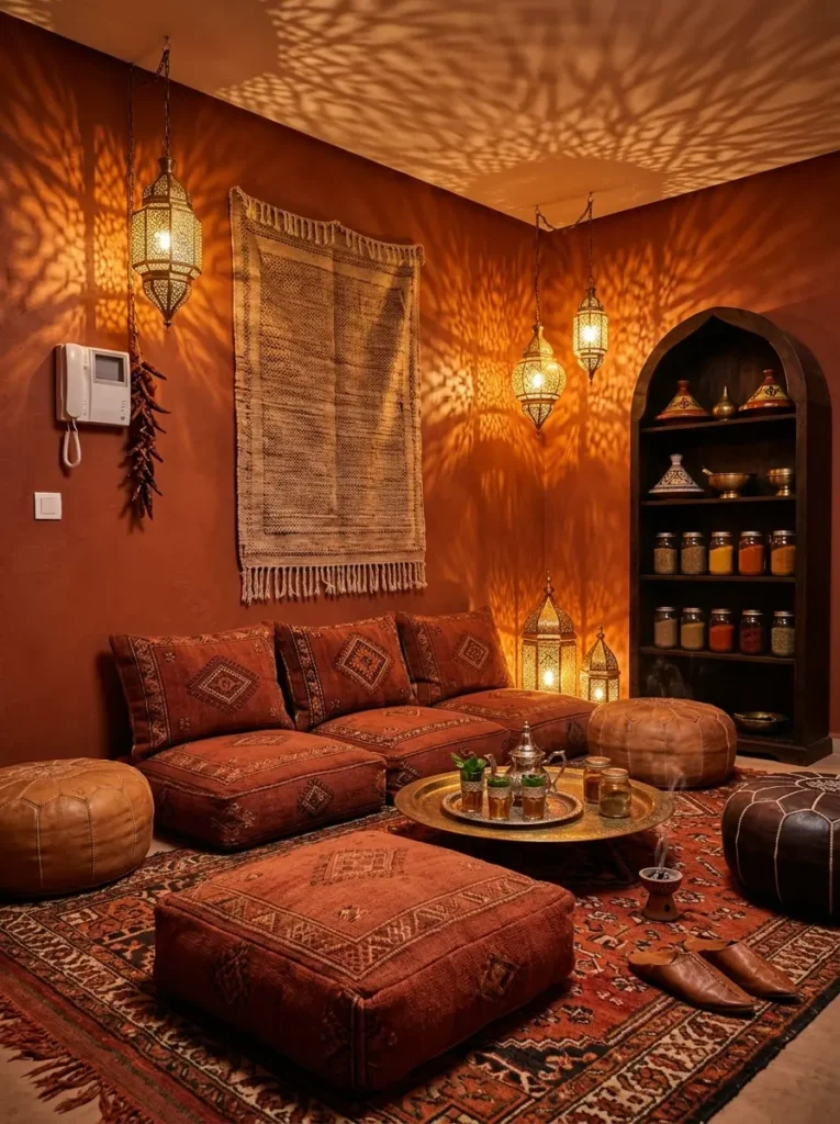 Red patterned floor cushions around round brass tray table with glowing metal lanterns in warm terracotta apartment room