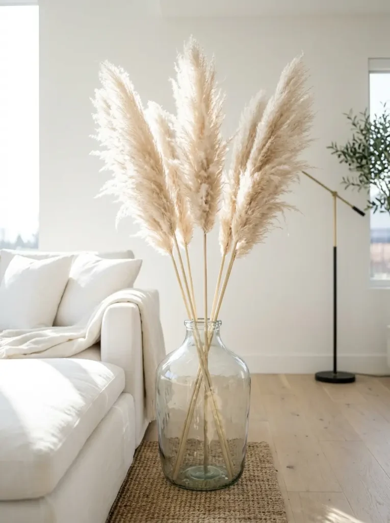 Tall dried pampas grass in a transparent glass bottle.