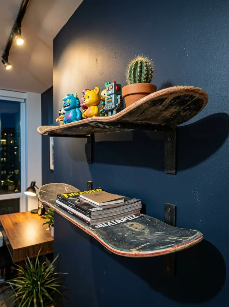 Vintage scratched skateboard decks mounted on a dark blue wall using black iron brackets