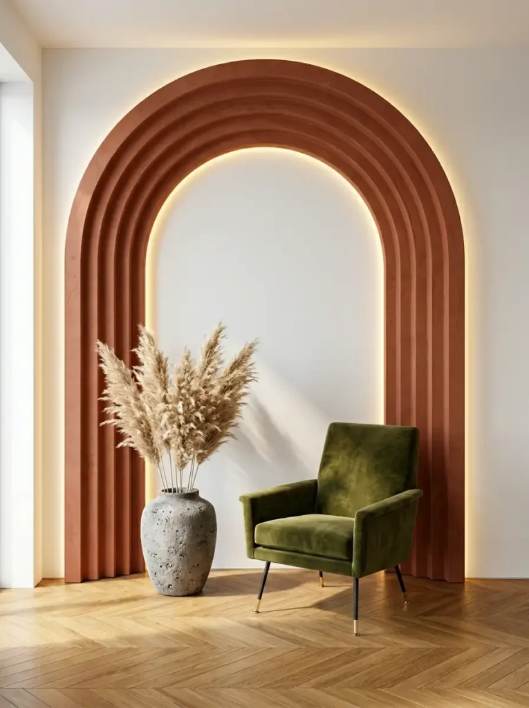 Terracotta Fluted Wooden Wall Arch Tall terracotta colored fluted wood archway illuminated from behind standing behind a green velvet chair.