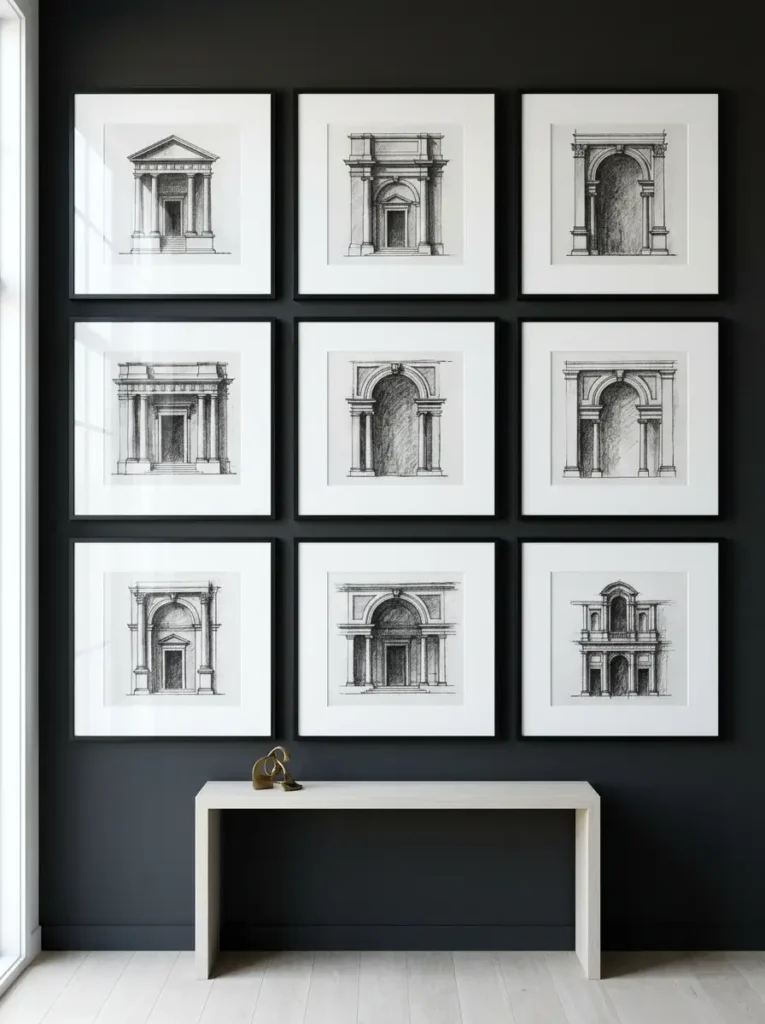 Symmetrical Sketch Gallery Wall | StylishGalore Grid of nine square black frames displaying charcoal architectural sketches on a dark wall