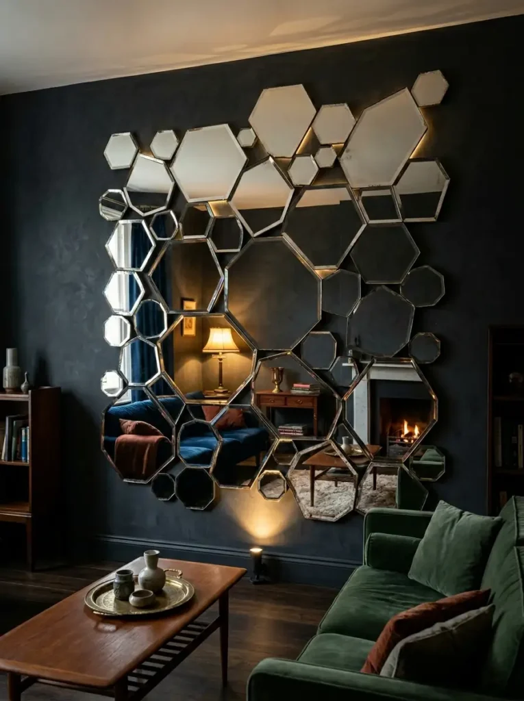 Hexagon Mirror Wall Cluster Clustered varying sized frameless hexagonal mirrors arranged on a dark wall reflecting a living room.