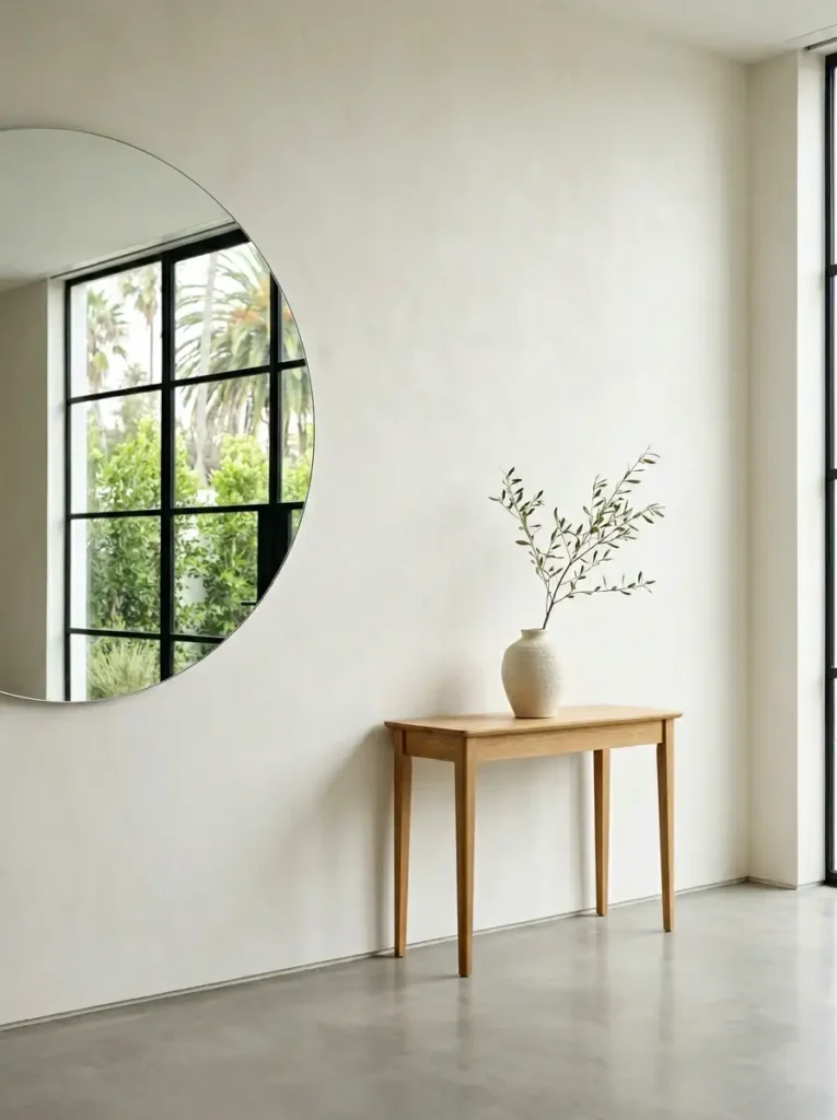 Off Center Minimalist Circular Mirror Large frameless circular mirror mounted off center on a white wall above a small wooden console table