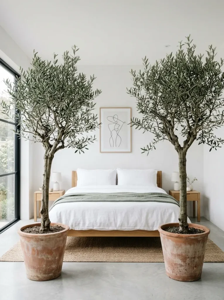 Two tall slender olive trees in weathered terracotta pots placed symmetrically beside a modern bed.