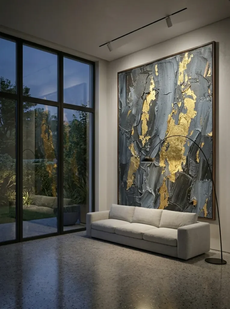 Giant textured gray and gold leaf painting leaning against a white wall