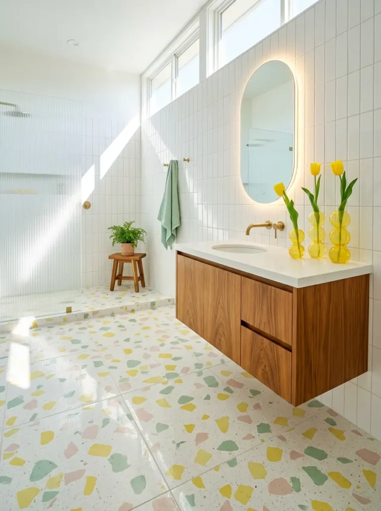 Pastel terrazzo flooring with yellow tulips in bubble glass vases on a wood vanity.