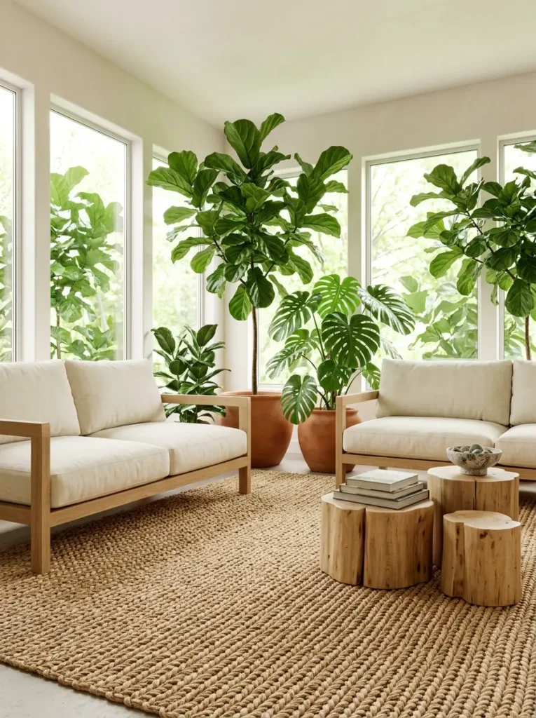 Three natural timber log tables on a jute rug in a bright plant filled room.