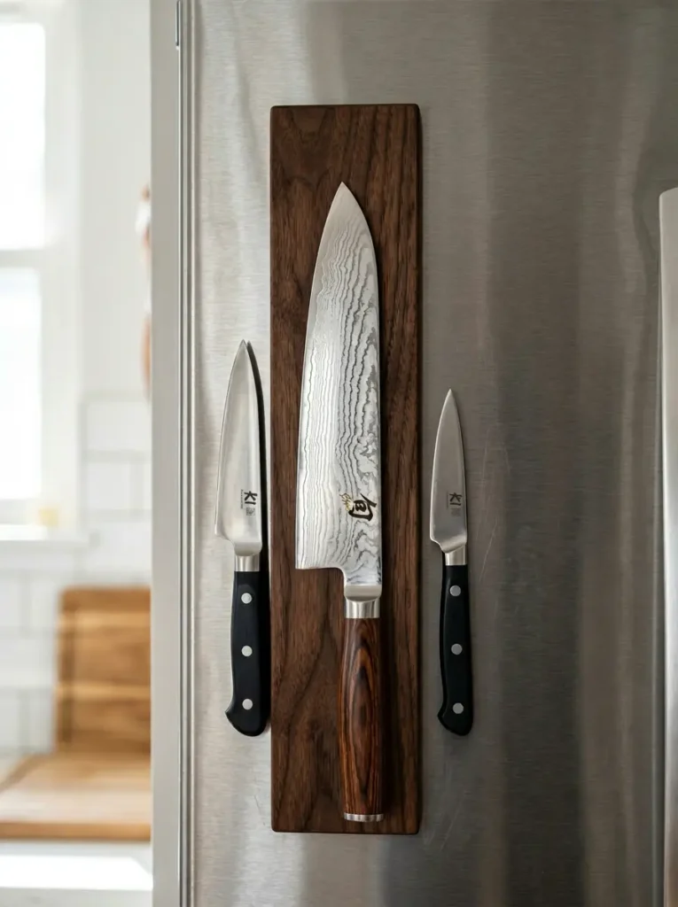 Solid walnut magnetic knife strip holding three chef knives on the side of a refrigerator